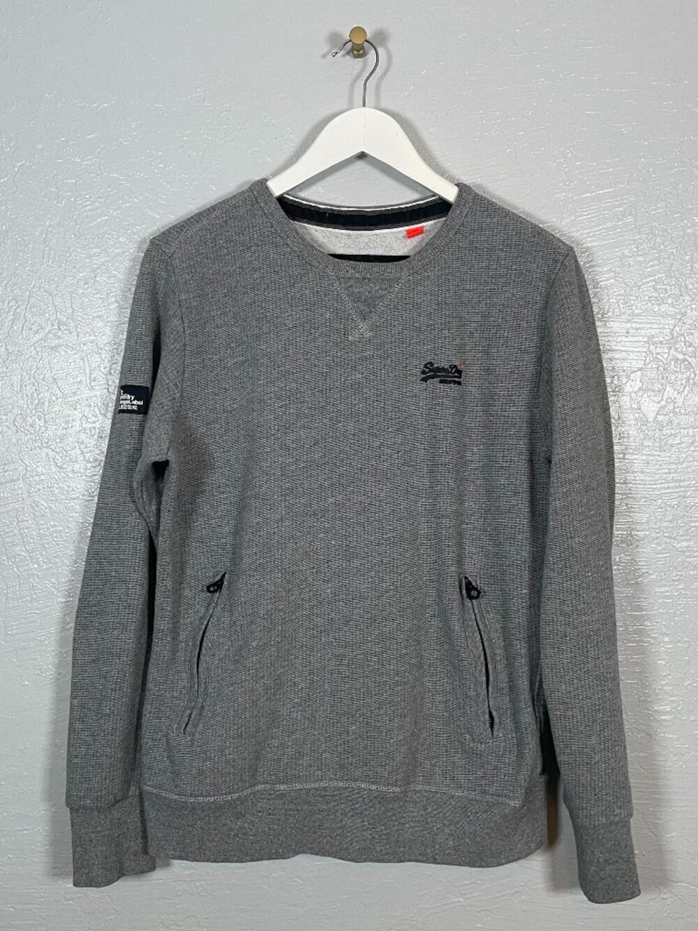 Superdry Men L Gray Urban Sweatshirt Crewneck Zip Pockets Orange Label